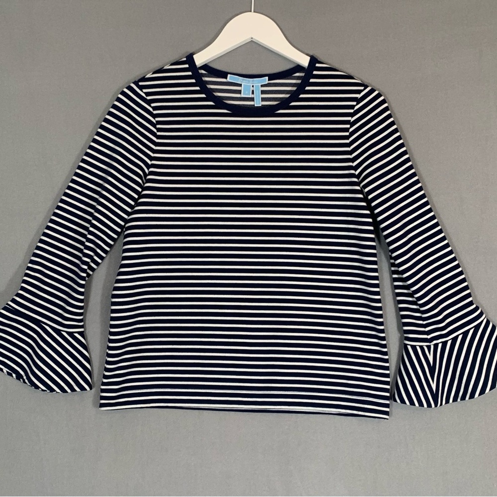 Draper James Blue and White Bell Sleeve Ribbed Blouse Ladies Sz Small - Picture 5 of 7